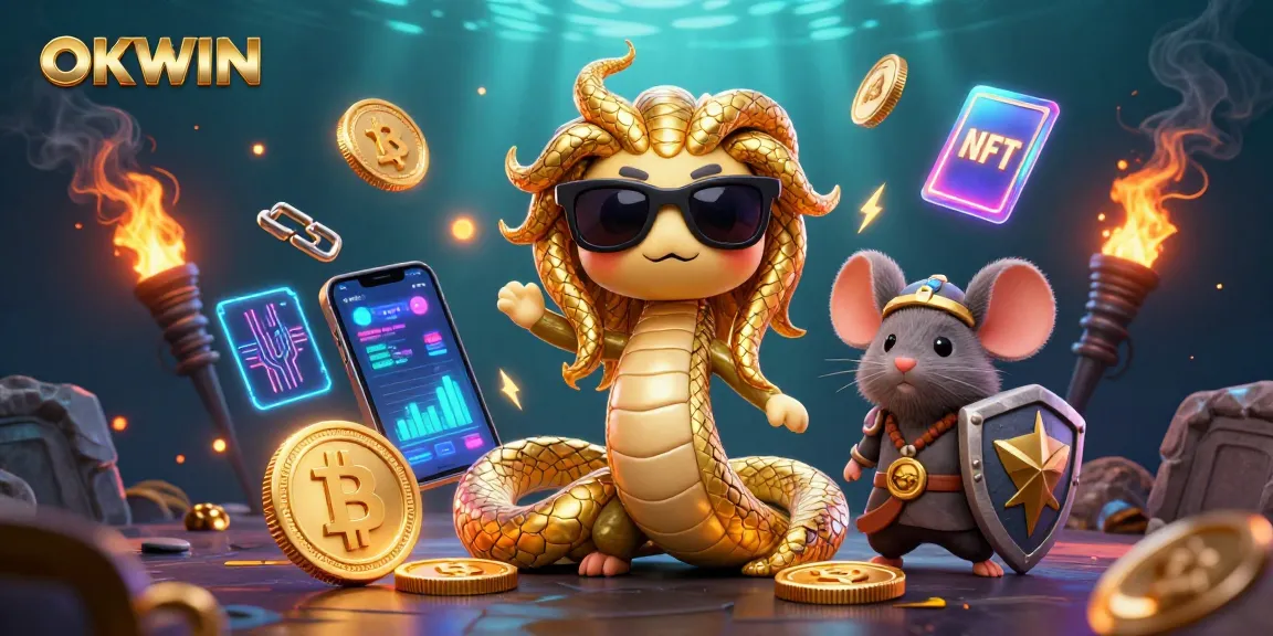 Engage with OKWIN's exciting gaming scene featuring Medusa and crypto elements.