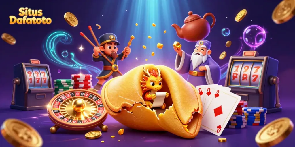 Permainan Situs Dafatoto yang kaya, dengan elemen slot dan kartu dalam suasana magis.