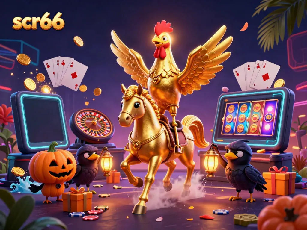 Experience exhilarating gameplay at scr66 with a vivid scene featuring a golden rooster in a mystical casino.