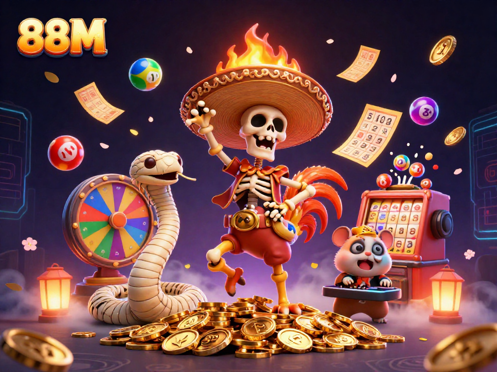 88M reveals a lively online gaming atmosphere with a dancing skeleton, mummy, and DJ hamster.