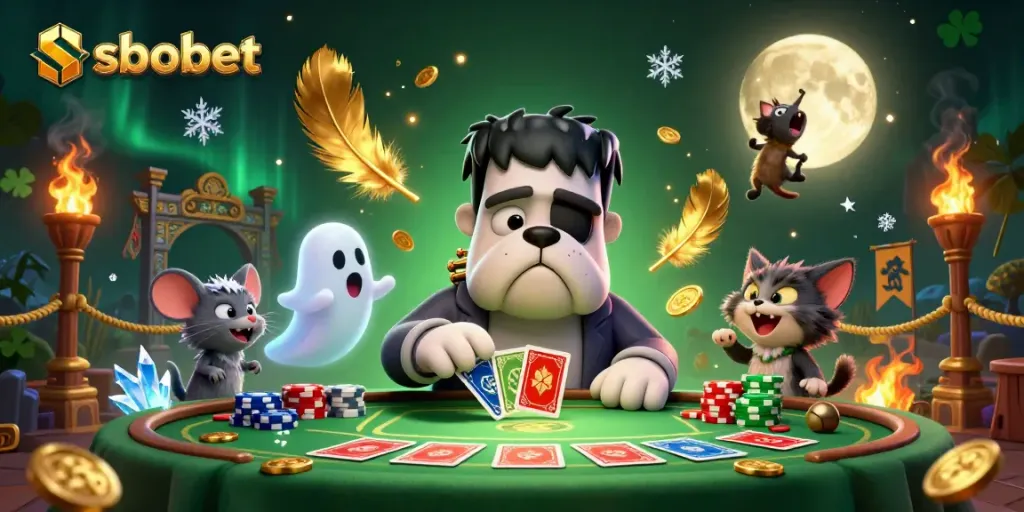 Experience sbobet through a thrilling game scene featuring a Frankenstein bulldog dealer and gold elements.