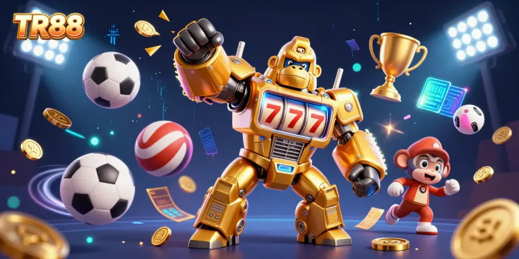 Experience TR88's thrilling gaming dynamics with a vibrant illustration depicting a golden gorilla mech amidst sports excitement.