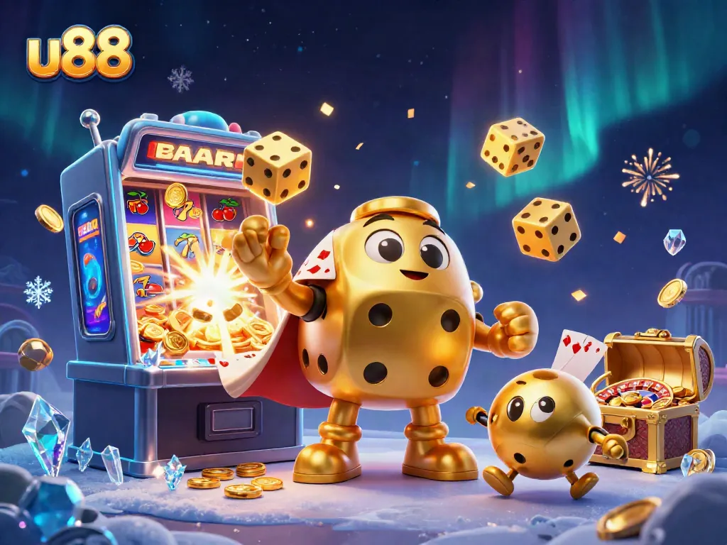 Experience lively gameplay at u88 with vibrant elements of slot machines, dice, and jackpots spinning around.
