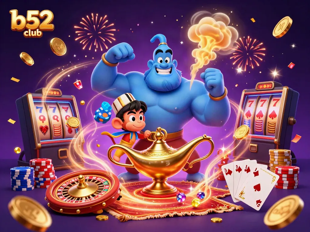 Experience the thrill of gaming at b52club with vibrant 3D illustrations of casino magic and action.
