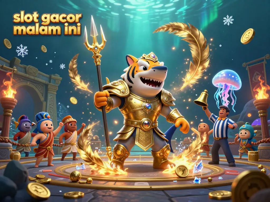 Gambarkan slot gacor malam ini dengan hiu kartun ganas mengenakan armor gladiator berlutut di koloseum bawah laut.