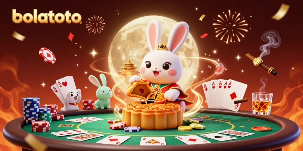 Experience bolatoto gameplay with a whimsical moon rabbit and poker-themed elements in a vibrant 3D scene.