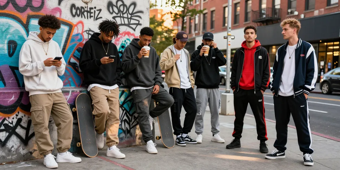 Corteiz clothing worn by diverse young adults in an urban street setting, showcasing stylish cargo pants and hoodies.