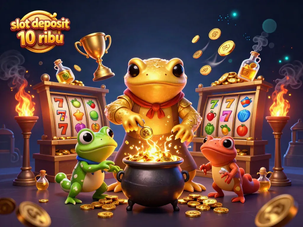 Engage in the excitement of slot deposit 10 ribu with an alchemist creating fortune in a colorful scene.