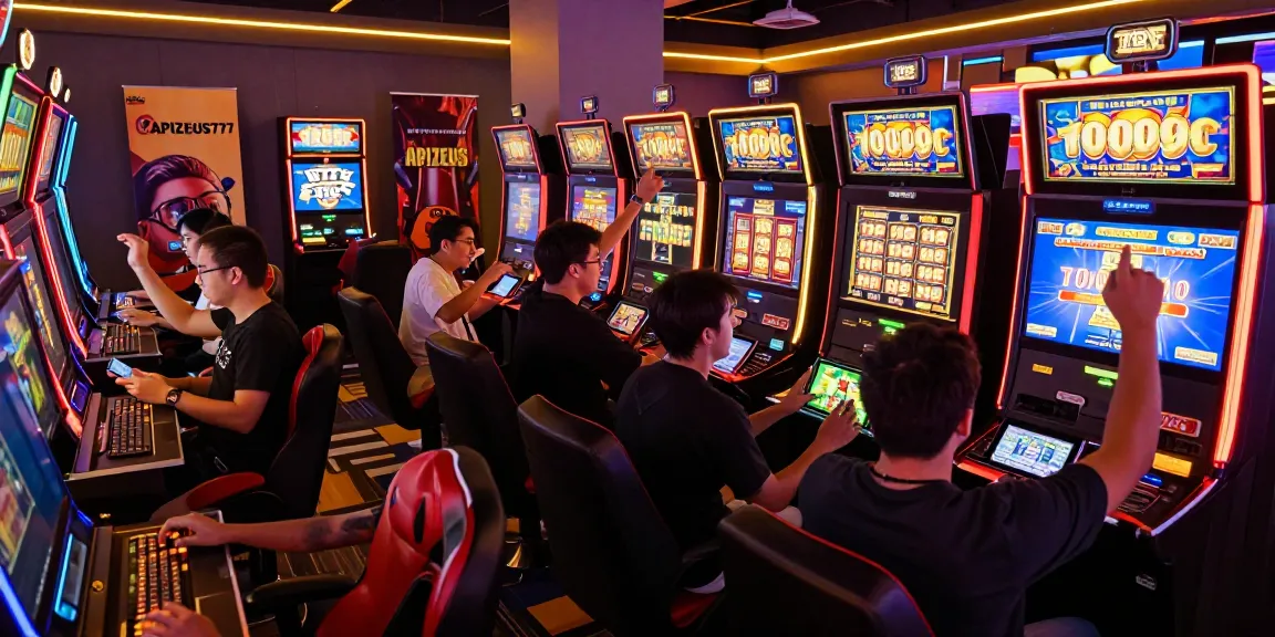 Diverse gamers enjoying daftar apizeus777 experience in a vibrant online gaming lounge with modern devices.