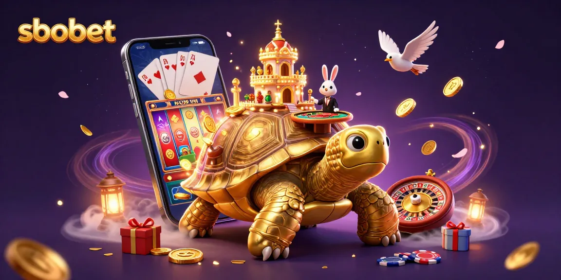 Experience sbobet's thrilling gaming world with a tortoise casino, rabbit dealer, and vibrant slot games.