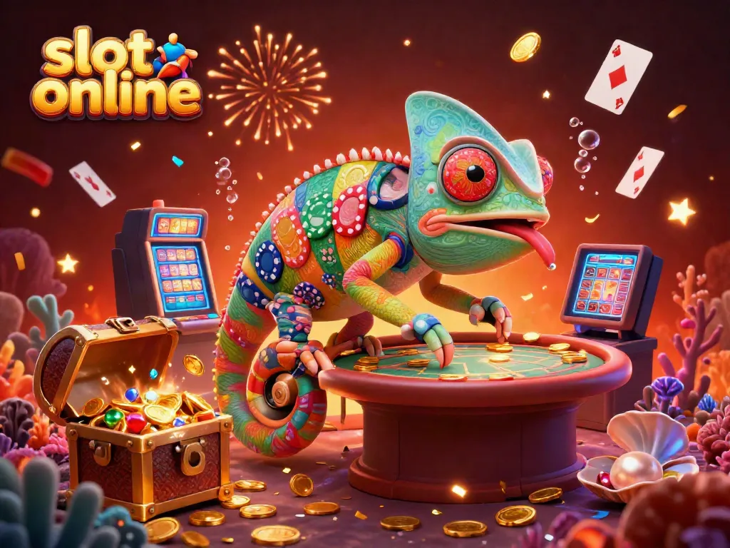 Engaging visual of exciting slot online games with chameleon casino owner and colorful symbols