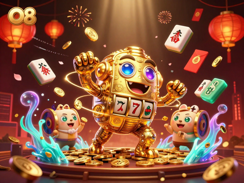 O8 showcases a dynamic casino scene with a golden golem and vibrant slot features.
