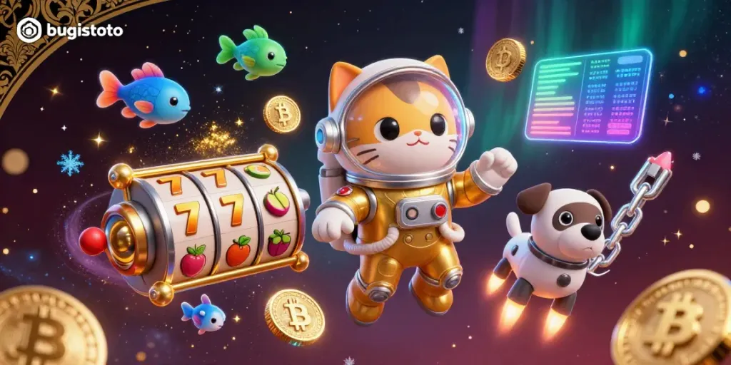 Engage in thrilling games with bugistoto as a golden space cat and robot dog navigate through casino-themed cosmic visuals.