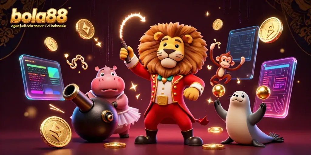 A lively casino scene featuring bola88 agen judi bola nomor 1 di indonesia with a lion, hippo, monkey, and seal surrounded by digital currency icons.