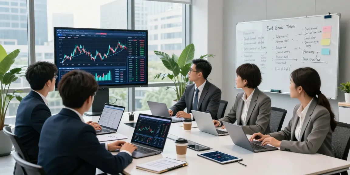 Team meeting at a modern financial office discussing cibc digital business strategies with digital analytics displayed.