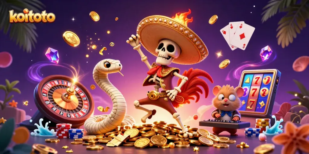 Koitoto celebrates with a vibrant casino scene featuring a skeleton rooster and a mummy snake, showcasing dynamic slots and roulette.