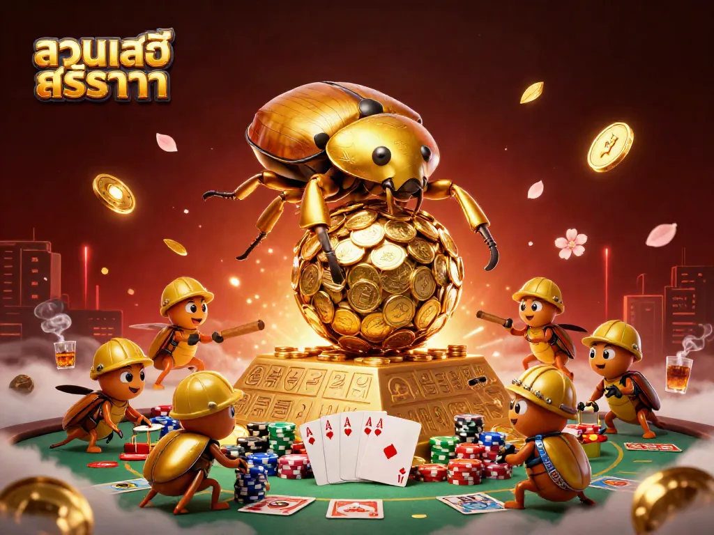 Experience the thrill of สวนเสือศรีราชา with a vibrant 3D casino illustration full of dynamic gambling elements.