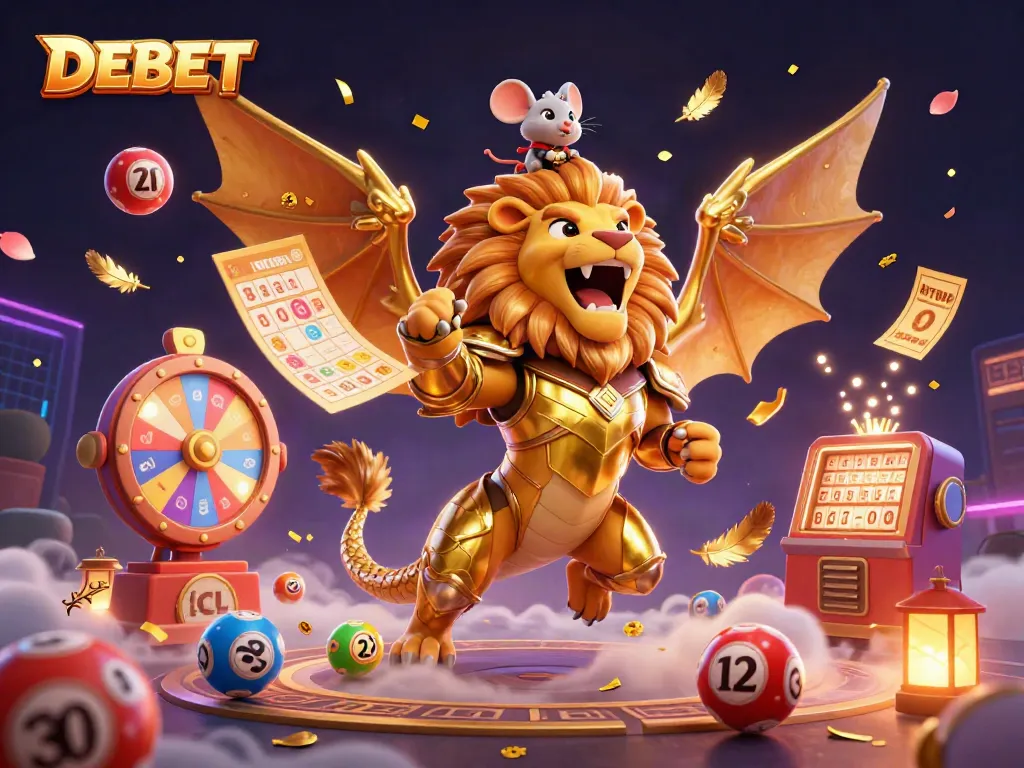 Engage with DEBET in a vibrant 3D casino scene filled with exciting lottery elements.