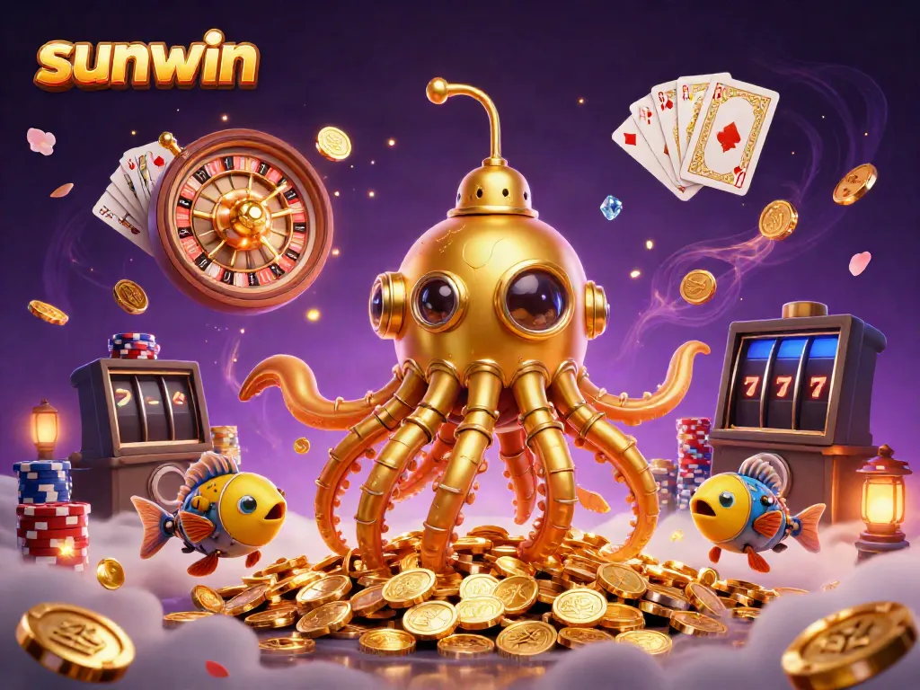 Experience thrilling gameplay with the sunwin golden kraken submarine amidst golden coins and vibrant casino elements.