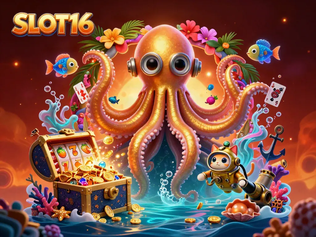 Experience thrilling play at SLOT16 with a majestic kraken, vintage diving cat, and rich slot symbols.