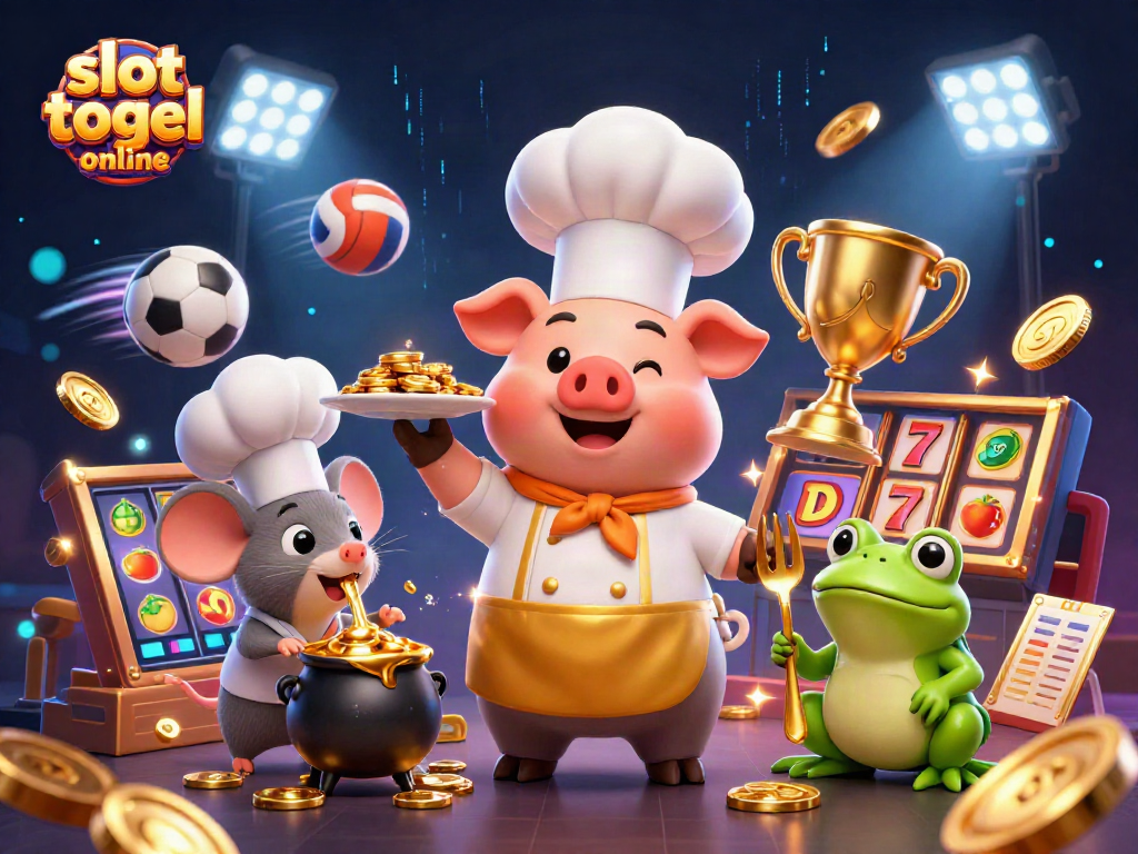 Melihat slot togel online dengan chef babi, mouse sous-chef, dan katak kritikus di sekitar koin emas.