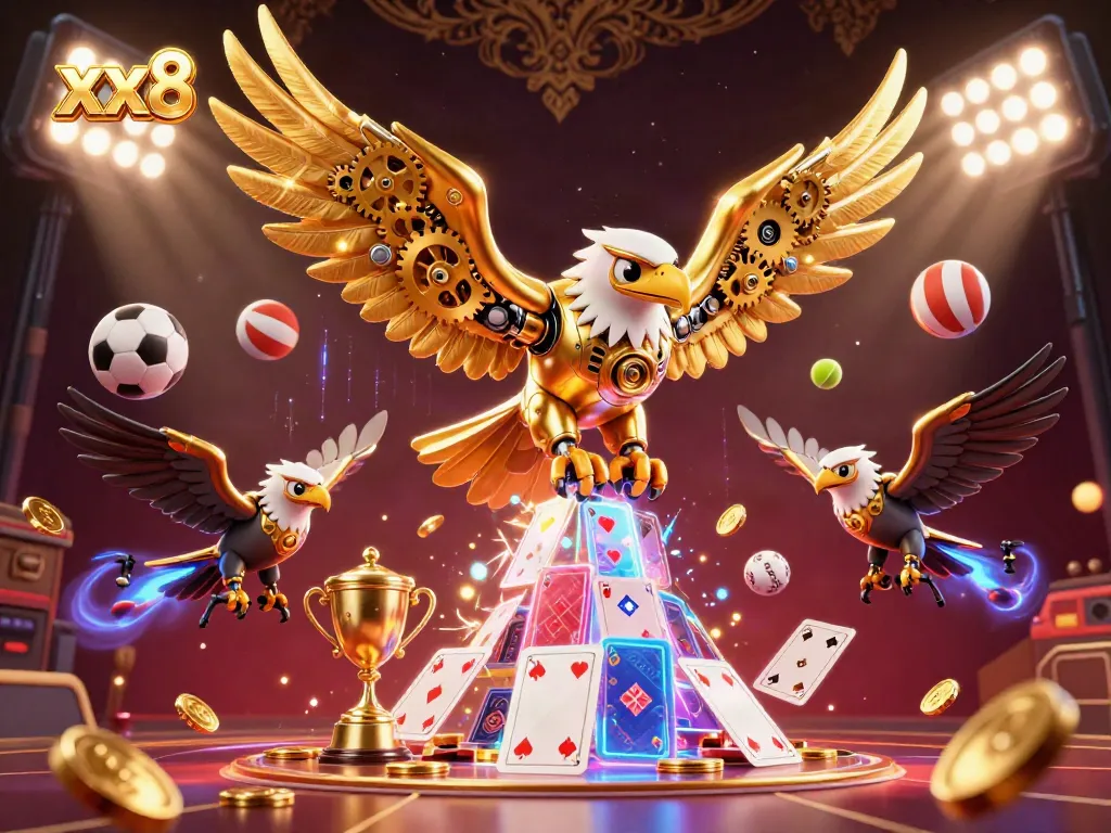 Experience thrilling bets at xx8 with a dynamic 3D scene showcasing a golden eagle, holographic cards, and sports elements.