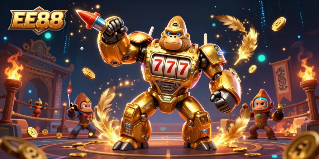 Experience the thrill of EE88's captivating online gaming world with a dynamic 3D illustration featuring a golden gorilla mech.