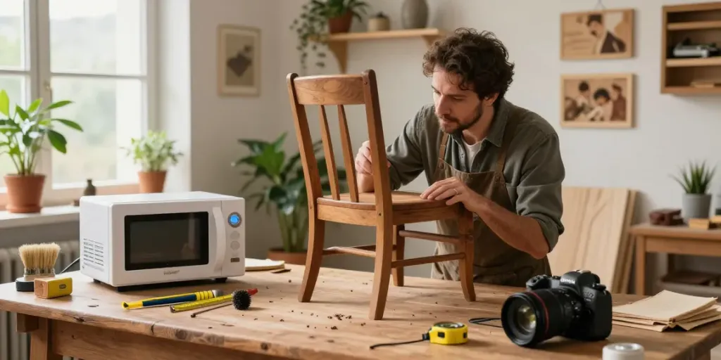 Craftsman using SHASHEL® technology for chemical-free wood pest elimination in a rustic workshop.