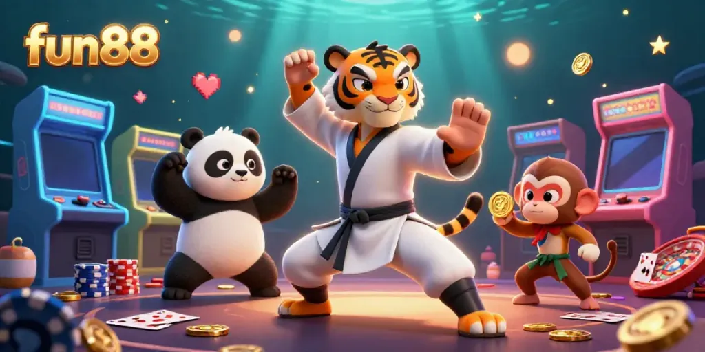 Experience the excitement of fun88 with a kung fu tiger master, panda disciple, and monkey student in a vibrant casino scene.