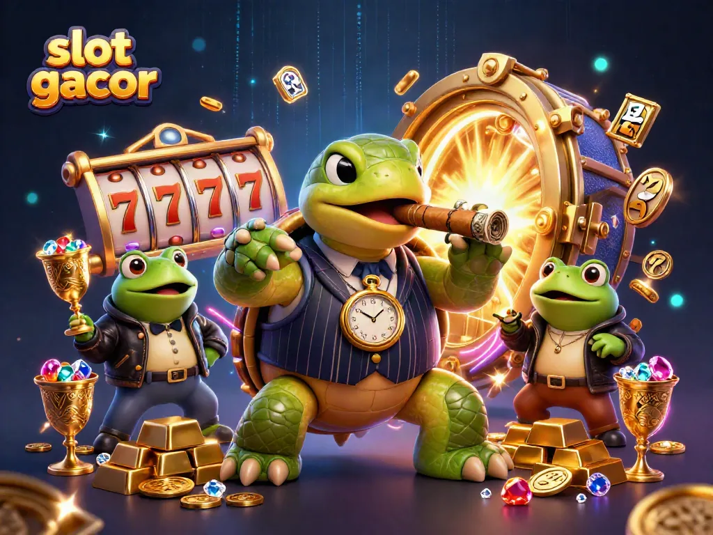Engage with slot gacor action amidst vibrant casino atmosphere featuring a turtle mobster and bullfrog enforcers.