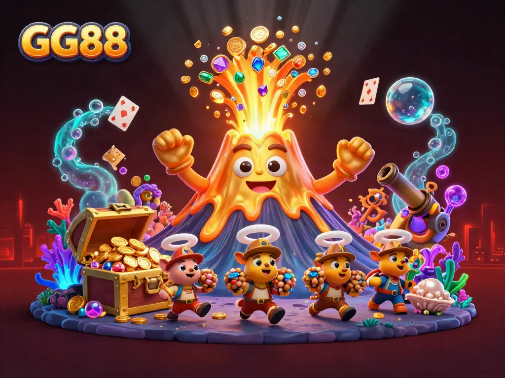 GG88 showcases a vibrant casino scene with a golden volcano erupting treasures, illustrating winning moments.