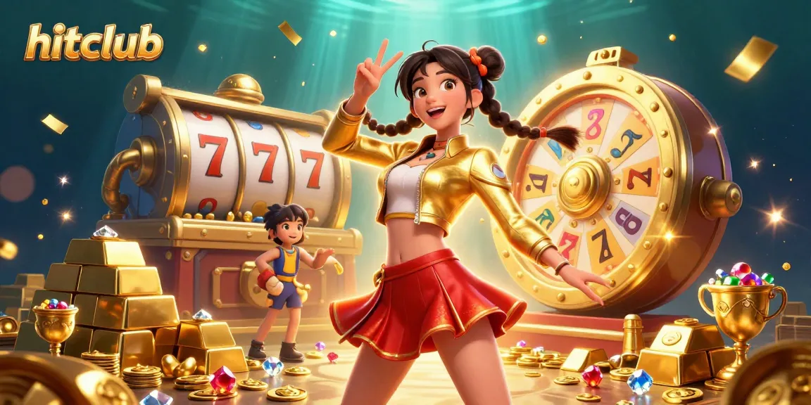 Win big at hitclub with vibrant slot reels and dazzling golden treasures in this exciting casino illustration.