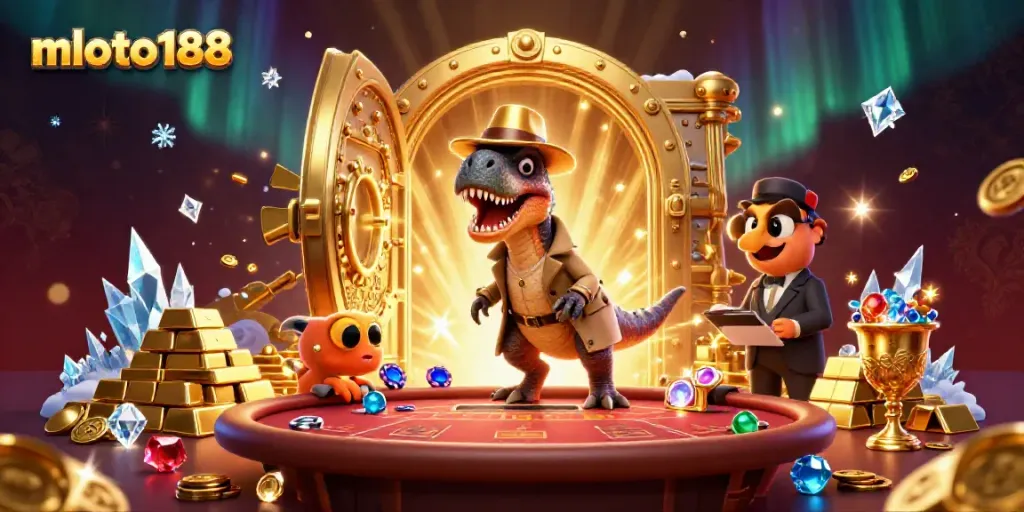 Witness the thrilling mloto188 card counter scene as the velociraptor plays blackjack under the watchful eye of the pit boss amid treasures.