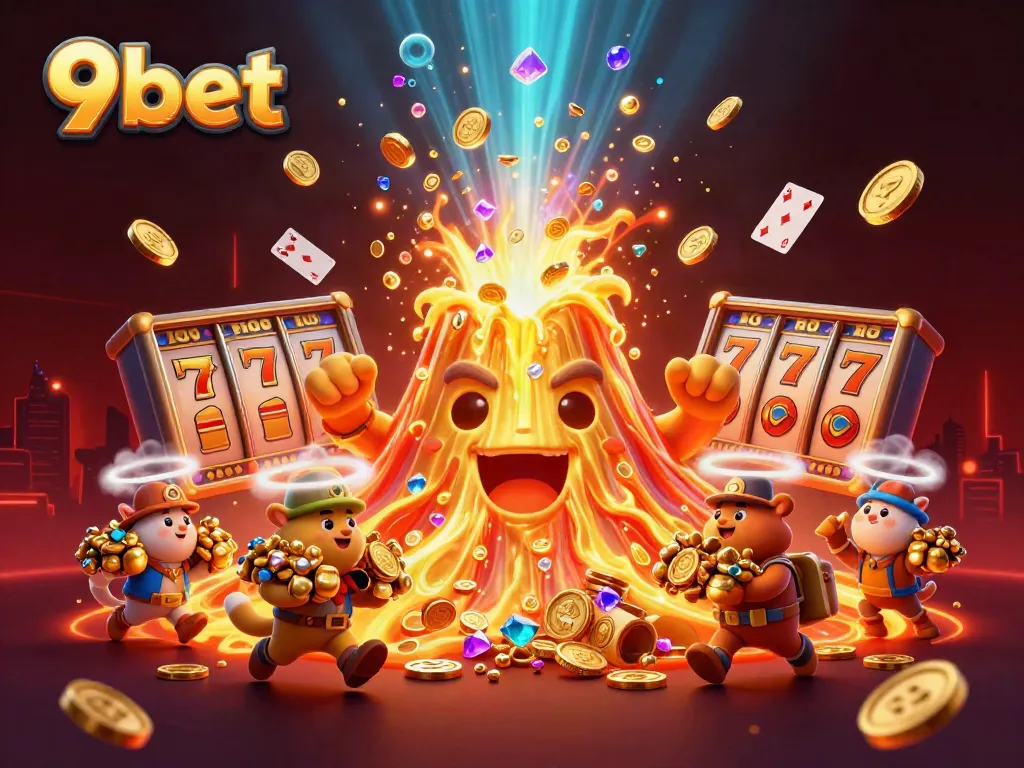 Experience the thrill of winning at 9bet with our vibrant casino illustration of golden volcanoes and treasures.