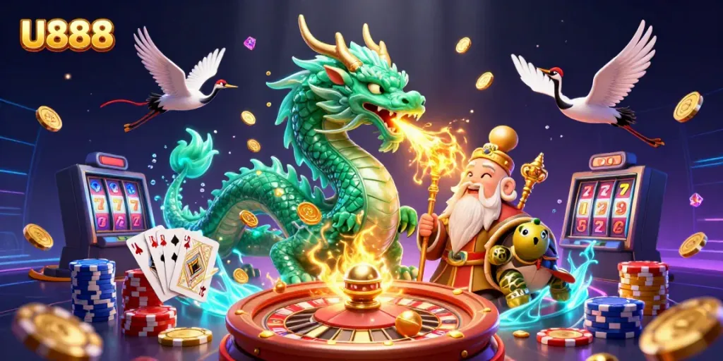 Experience thrilling gameplay at U888 with an emerald jade dragon, wise turtle sage, and lucky cranes.