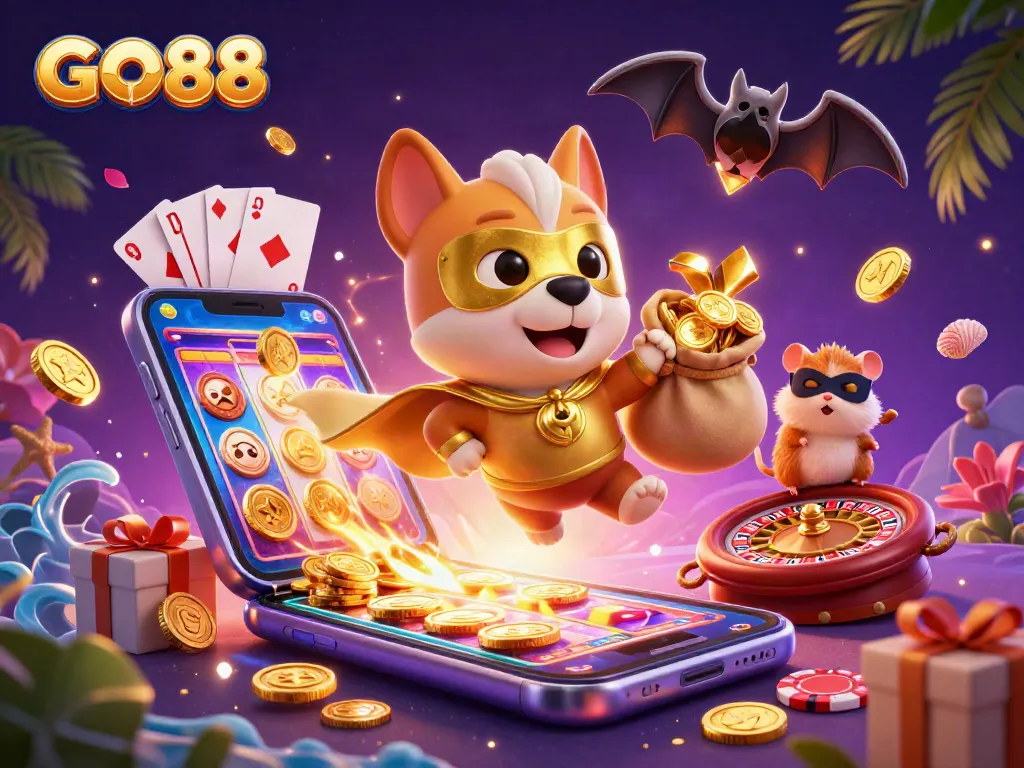 Experience thrilling adventures with GO88 as a superhero dog flies through a colorful casino world.