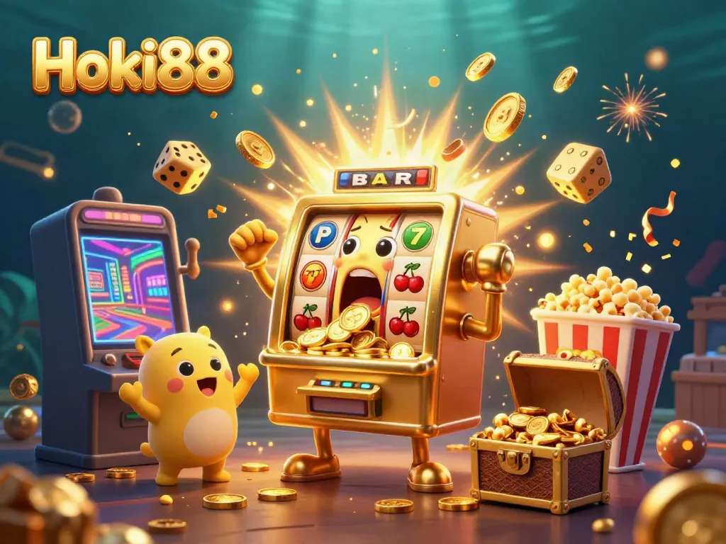 Hoki88 jackpot yang seru dengan mesin slot emas kaget meledak koin dengan latar belakang warna dalam permainan.