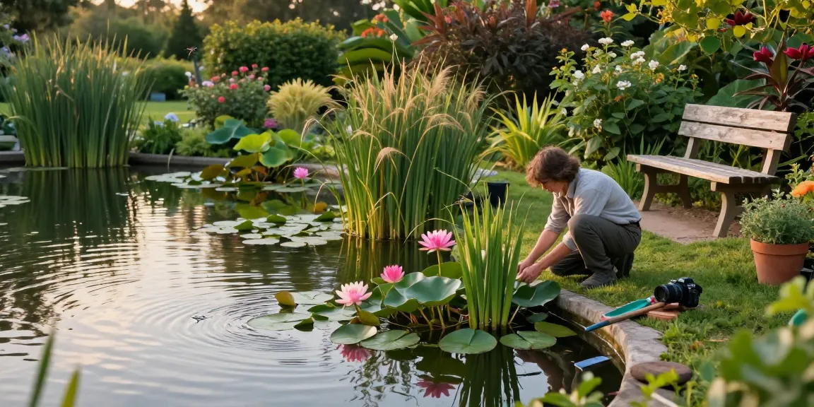 Pond plants flourishing in a serene garden pond setting.