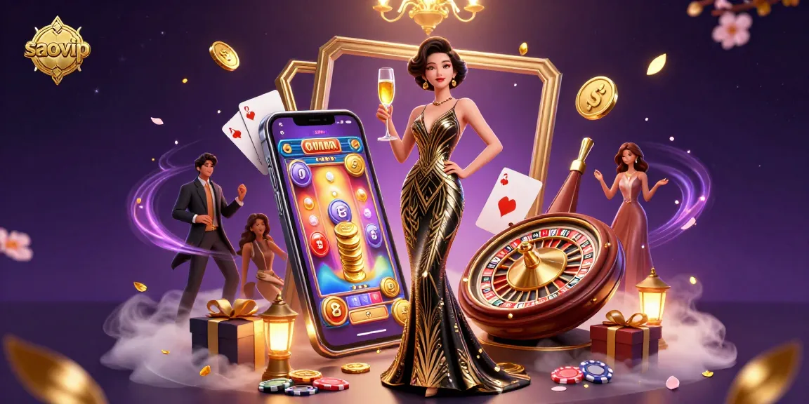 Experience gaming excitement with saovip's elegant casino scene featuring poker, roulette, and slot games.