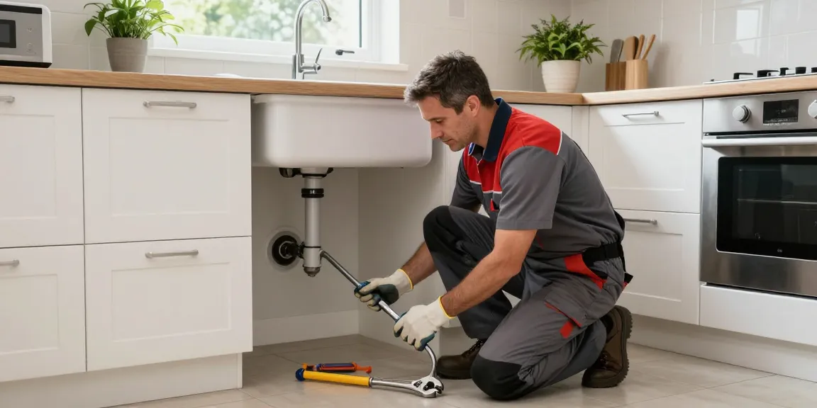 Professional plumber in Northampton repairing a clogged kitchen sink with tools in a modern home.