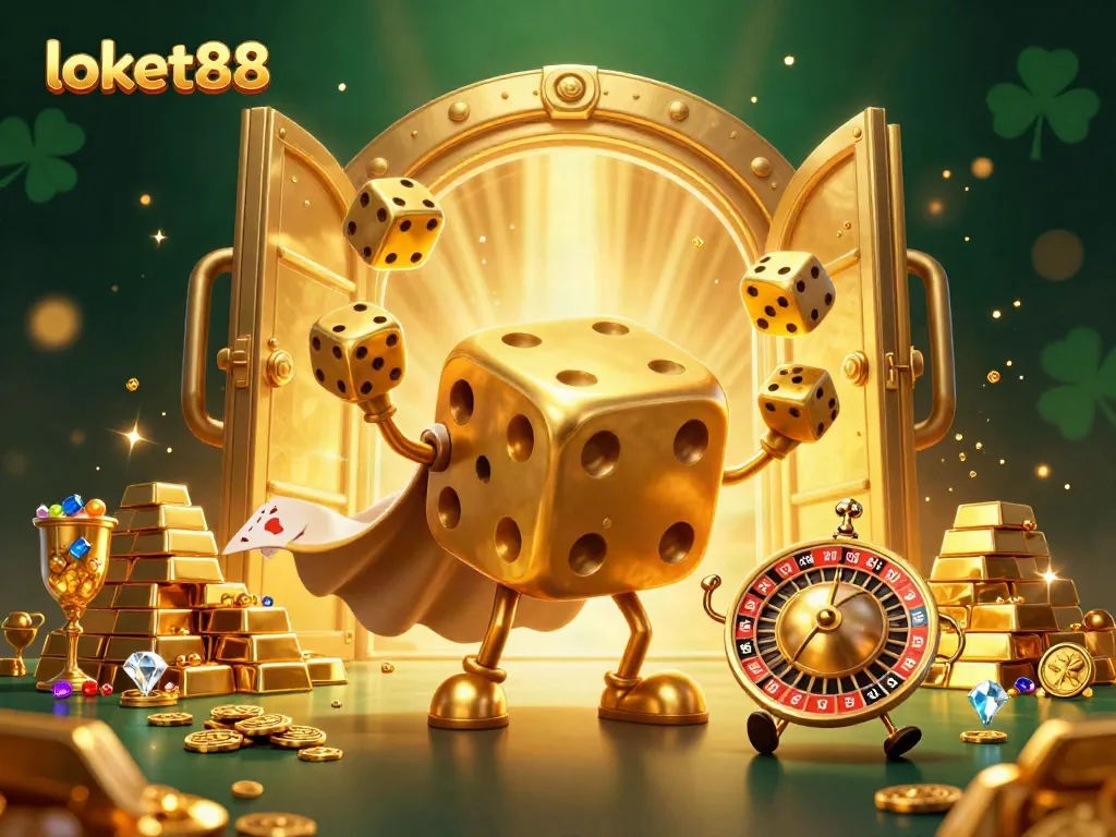 Experience engaging gaming with loket88 featuring a golden dice creature amidst sparkling treasures.