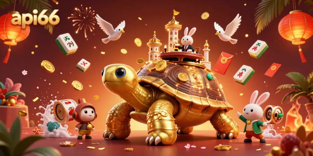 Win big with api66 amidst a vibrant casino world filled with golden coins and lucky symbols.