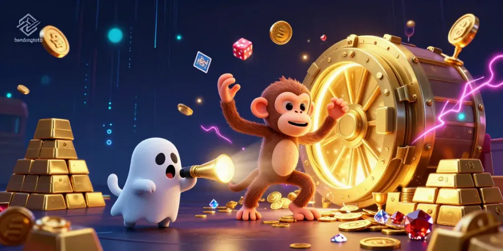 Join the fun at bandungtoto with an enchanting casino scene featuring a playful monkey and a ghost-hunter puppy.
