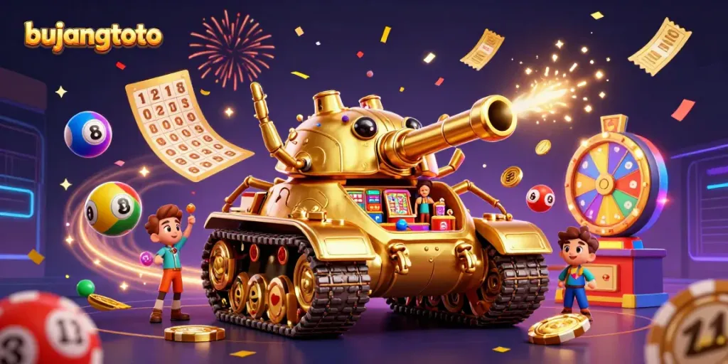 Win big with bujangtoto in this vibrant 3D casino illustration showing dynamic lottery games.