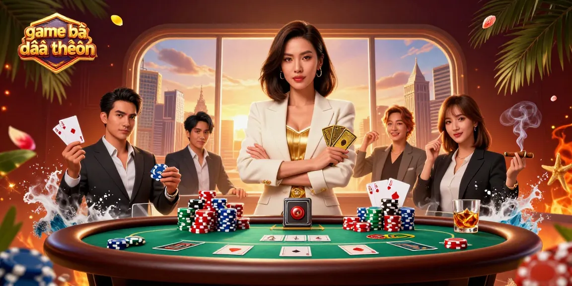 Experience game bài đổi thưởng with an elegant Asian woman holding cards amidst rich casino elements.