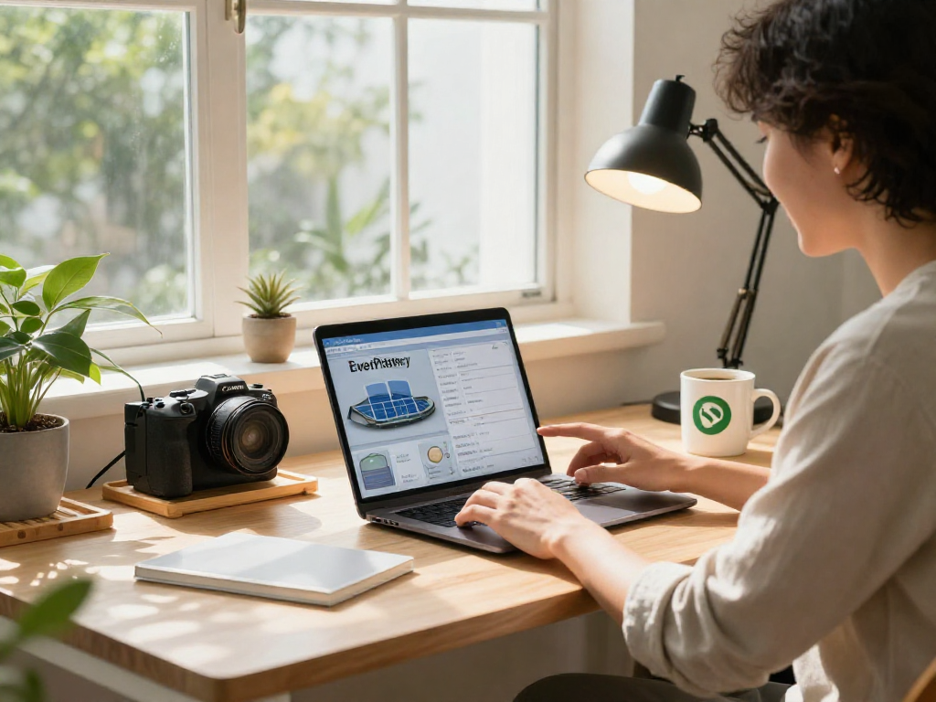Person studying EverPlus Battery specifications in a modern eco-friendly office.