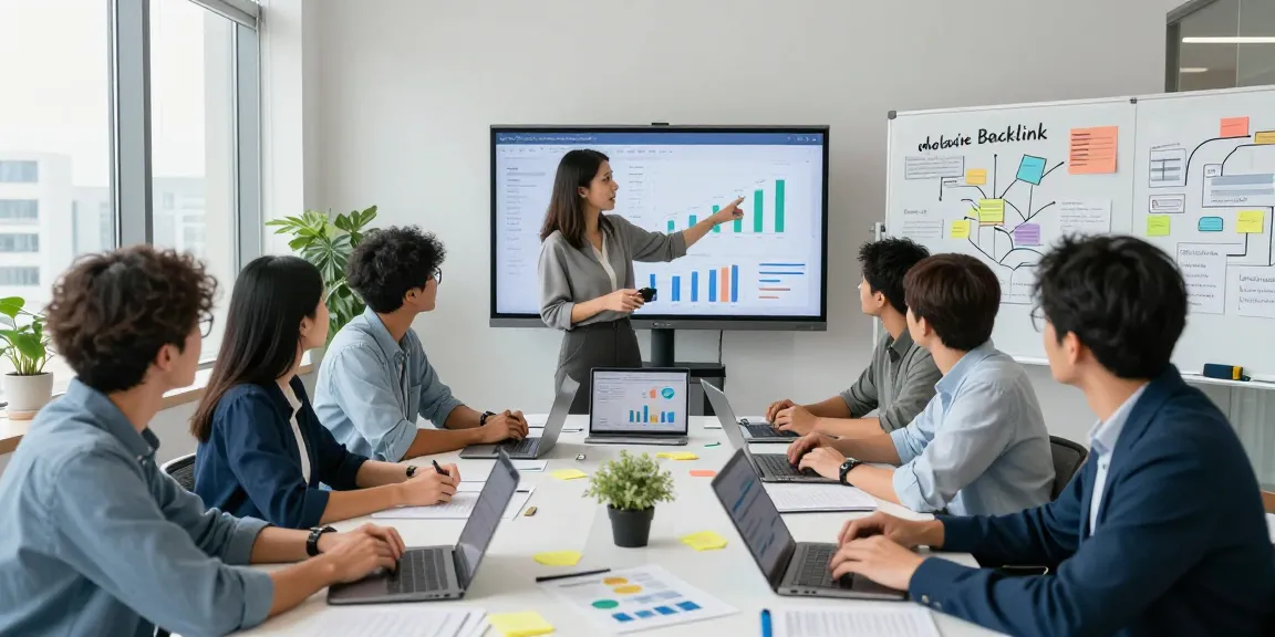 Collaborative team discussing backlink strategies in a modern office setting.