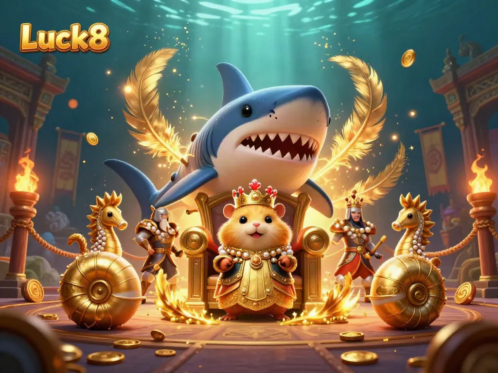 Luck8 features a golden hamster king surrounded by seahorse guards and coins in a vibrant casino-themed scene.