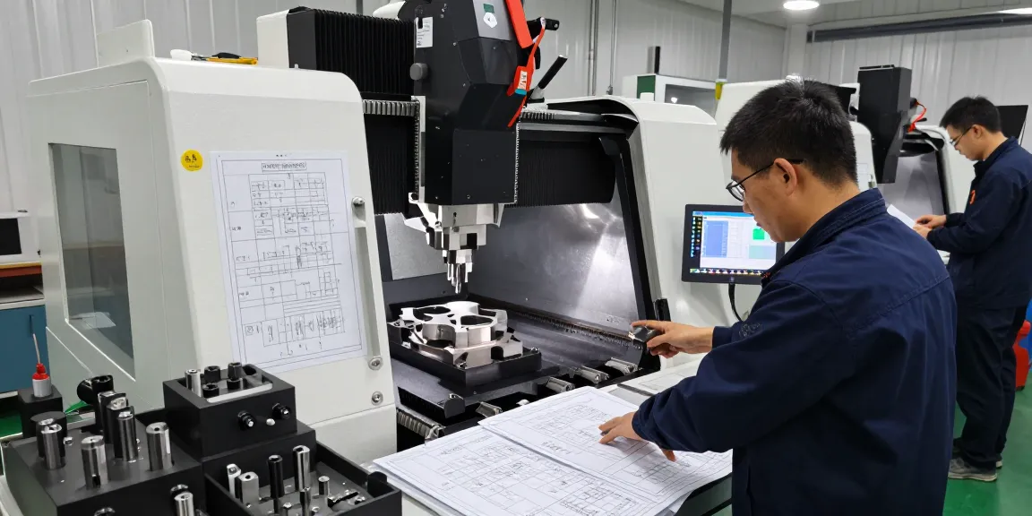 Technician using 5 axis CNC machining for precision component manufacturing in a modern workshop
