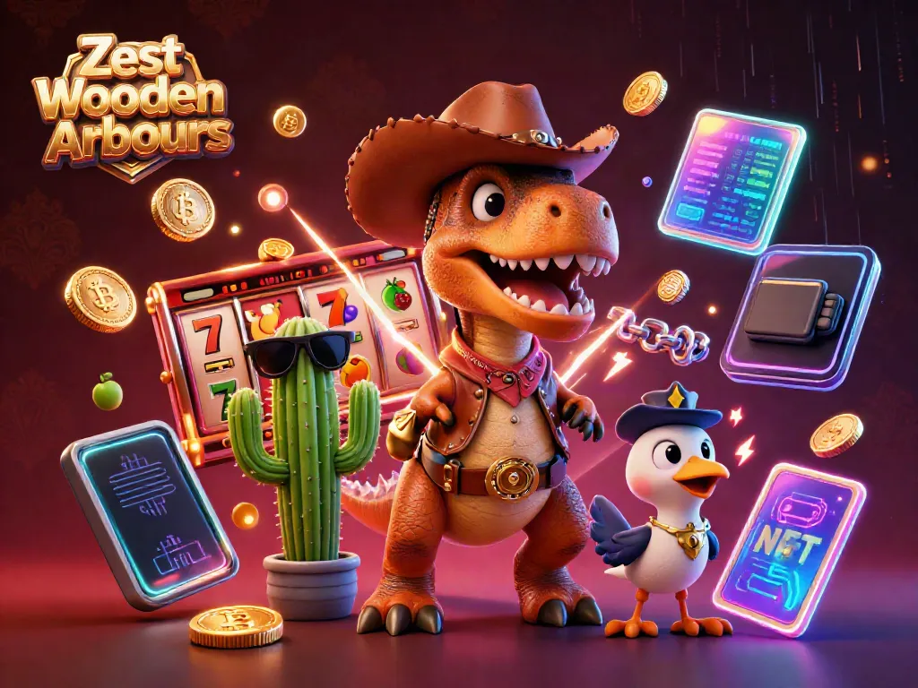 Engage with Zest Wooden Arbours through an exciting slots-themed scene featuring a T-Rex cowboy.